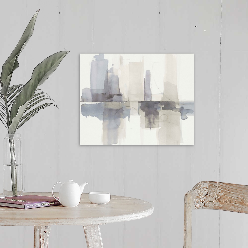 A farmhouse room featuring Abstract gray, purple, and cream watercolor painting that resembles a skyline with a reflection.