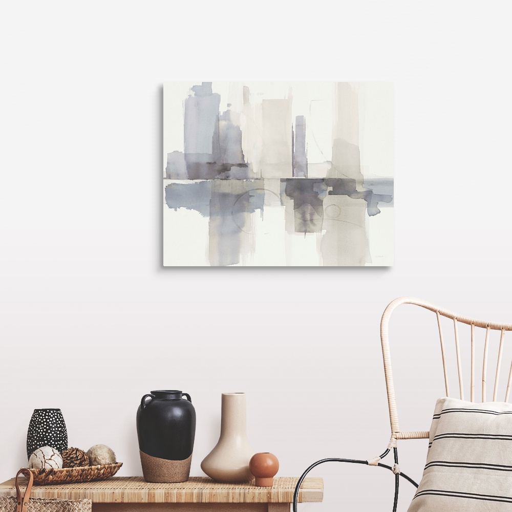 A farmhouse room featuring Abstract gray, purple, and cream watercolor painting that resembles a skyline with a reflection.
