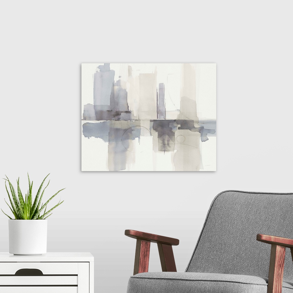 A modern room featuring Abstract gray, purple, and cream watercolor painting that resembles a skyline with a reflection.