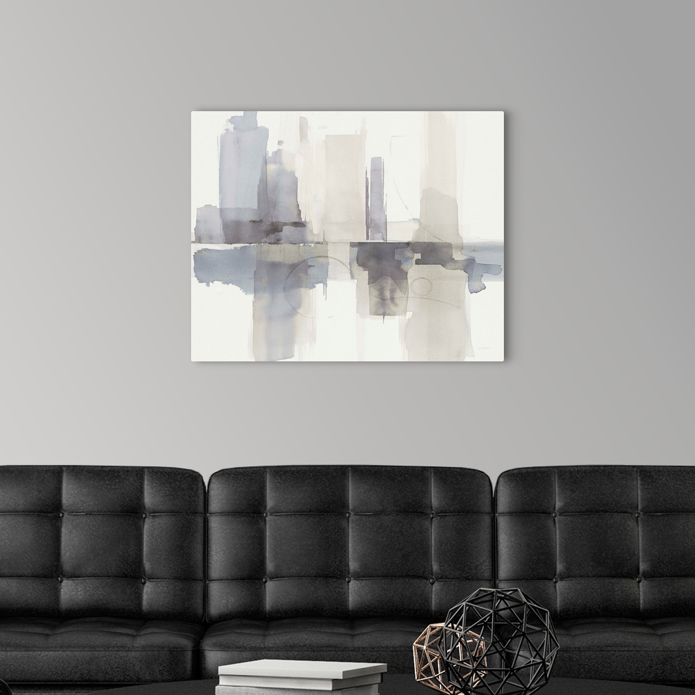 A modern room featuring Abstract gray, purple, and cream watercolor painting that resembles a skyline with a reflection.