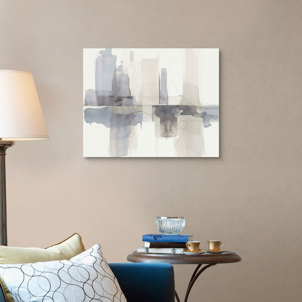 A traditional room featuring Abstract gray, purple, and cream watercolor painting that resembles a skyline with a reflection.