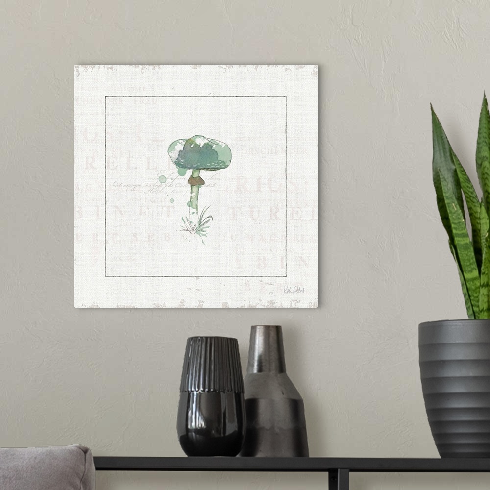 A modern room featuring Square watercolor painting of a blue mushroom on a white textured background with faint text.