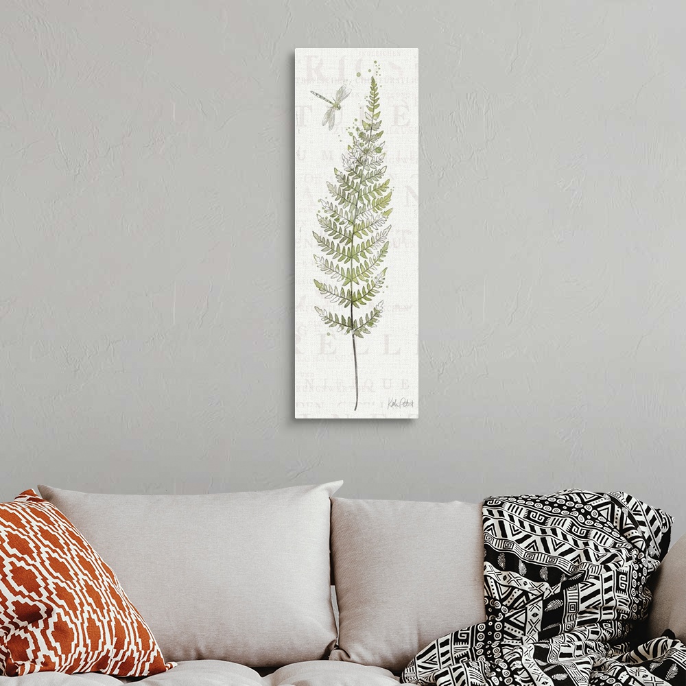 A bohemian room featuring Tall rectangular watercolor painting of fern leaves with a dragonfly on a white textured backgrou...