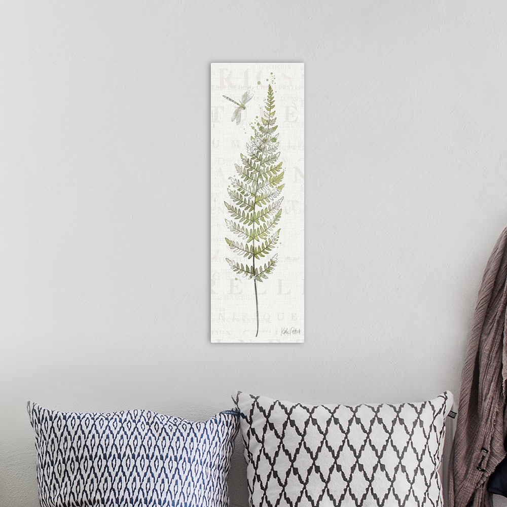 A bohemian room featuring Tall rectangular watercolor painting of fern leaves with a dragonfly on a white textured backgrou...