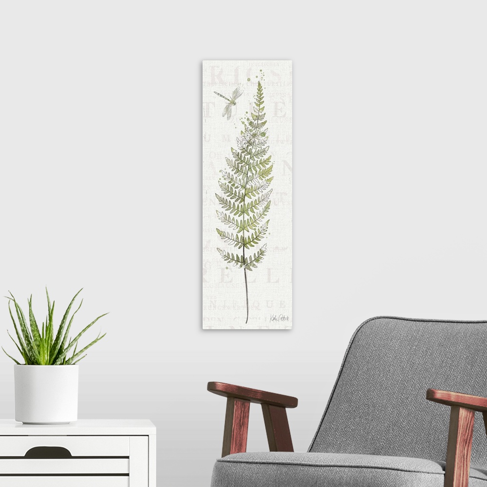 A modern room featuring Tall rectangular watercolor painting of fern leaves with a dragonfly on a white textured backgrou...