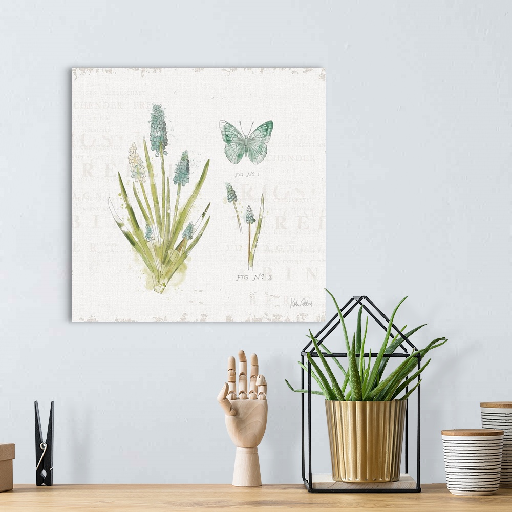 A bohemian room featuring Square watercolor painting of a blue and green butterfly and flowers on a white textured backgrou...
