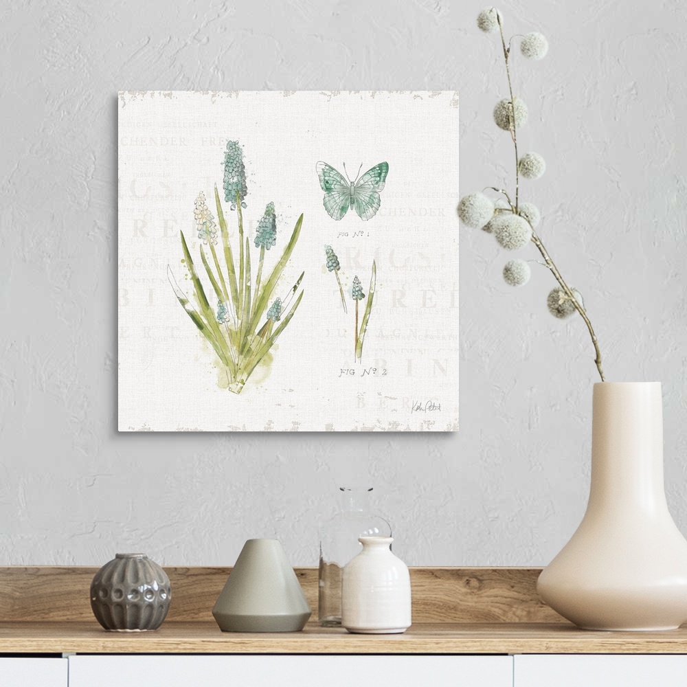A farmhouse room featuring Square watercolor painting of a blue and green butterfly and flowers on a white textured backgrou...