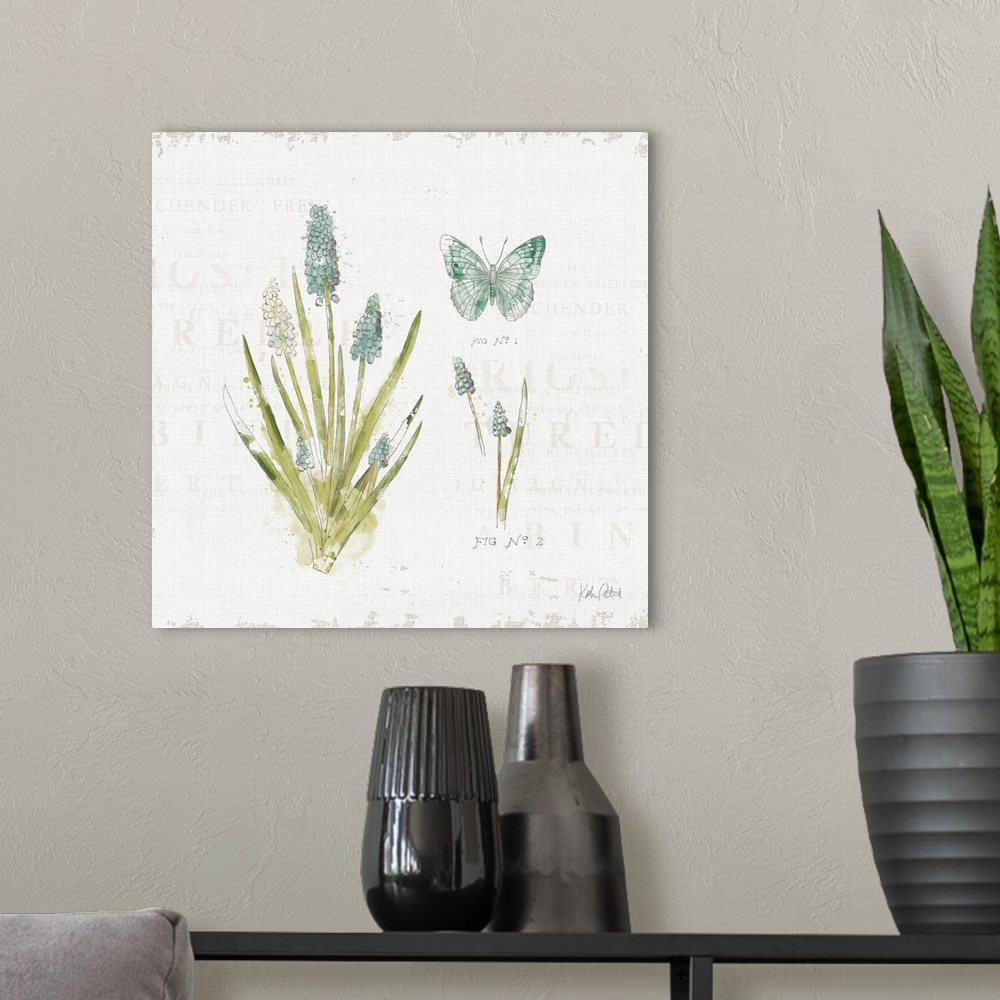 A modern room featuring Square watercolor painting of a blue and green butterfly and flowers on a white textured backgrou...