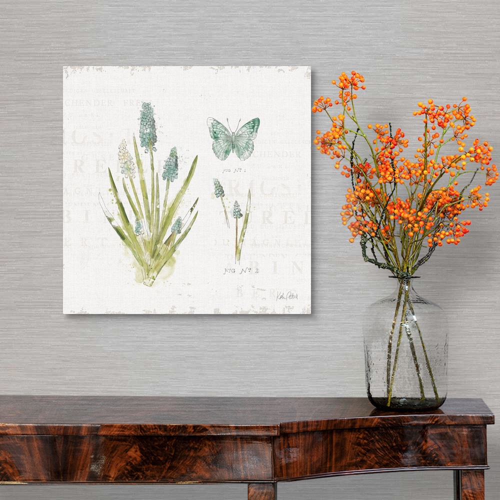 A traditional room featuring Square watercolor painting of a blue and green butterfly and flowers on a white textured backgrou...