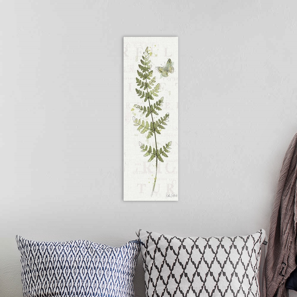A bohemian room featuring Tall rectangular watercolor painting of fern leaves with a butterfly on a textured white backgrou...