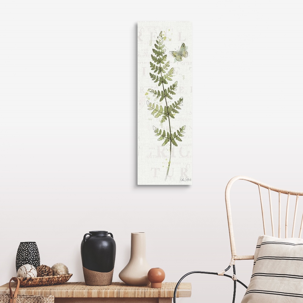 A farmhouse room featuring Tall rectangular watercolor painting of fern leaves with a butterfly on a textured white backgrou...