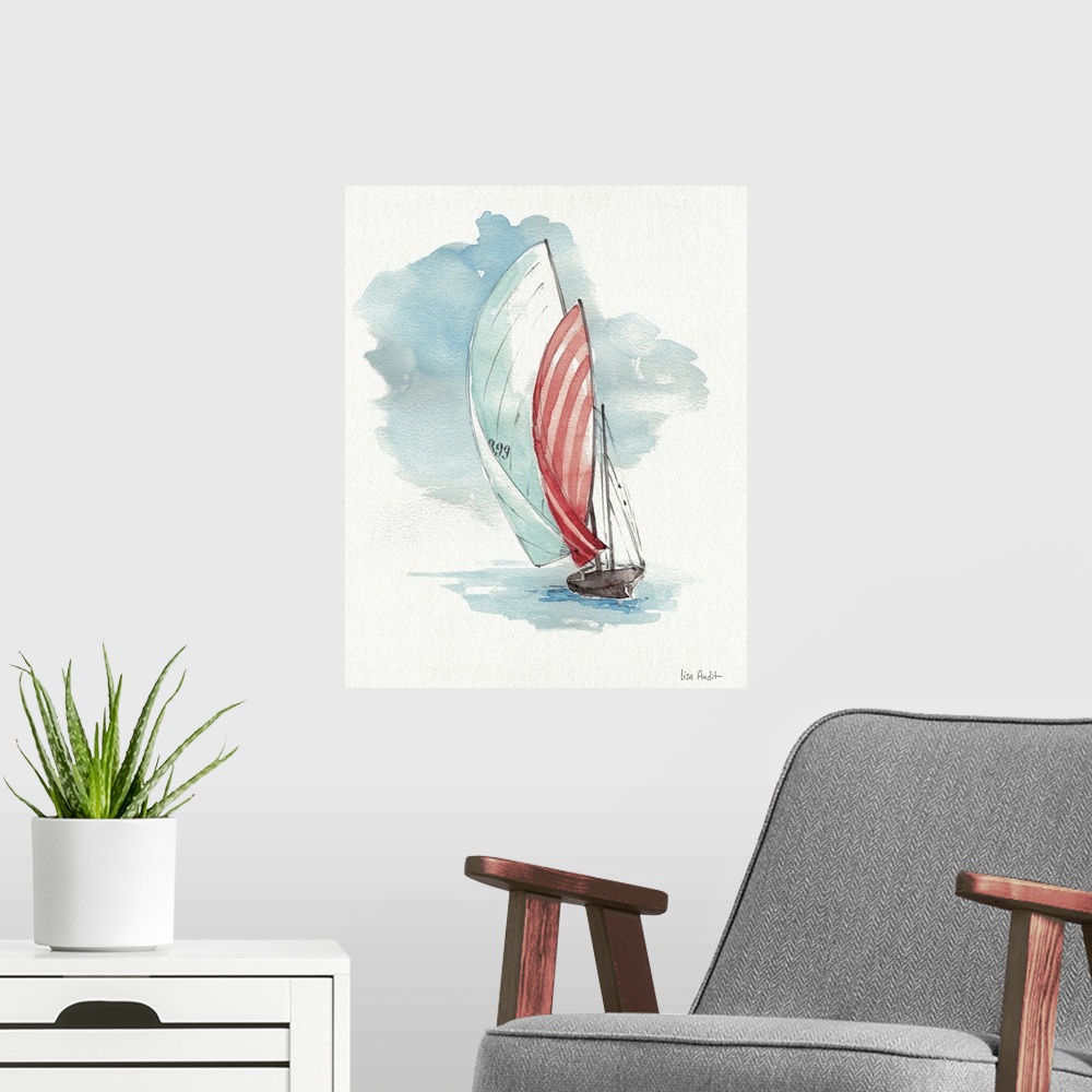 A modern room featuring Contemporary artwork of a sailboat with a red and white sail.