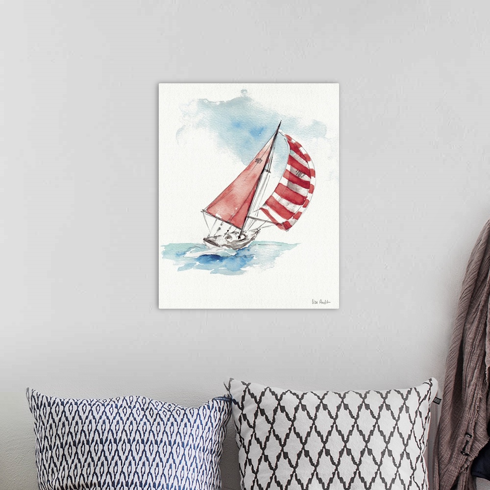 A bohemian room featuring Contemporary artwork of a sailboat with a red and white sail.