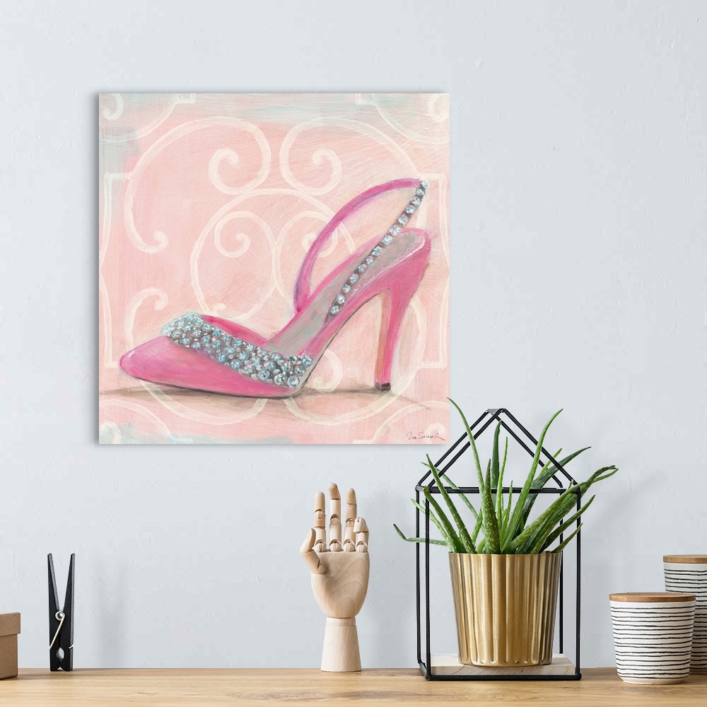 A bohemian room featuring Contemporary artwork of high heel shoe in profile, against a decorative pink background.