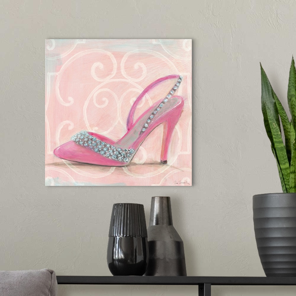 A modern room featuring Contemporary artwork of high heel shoe in profile, against a decorative pink background.