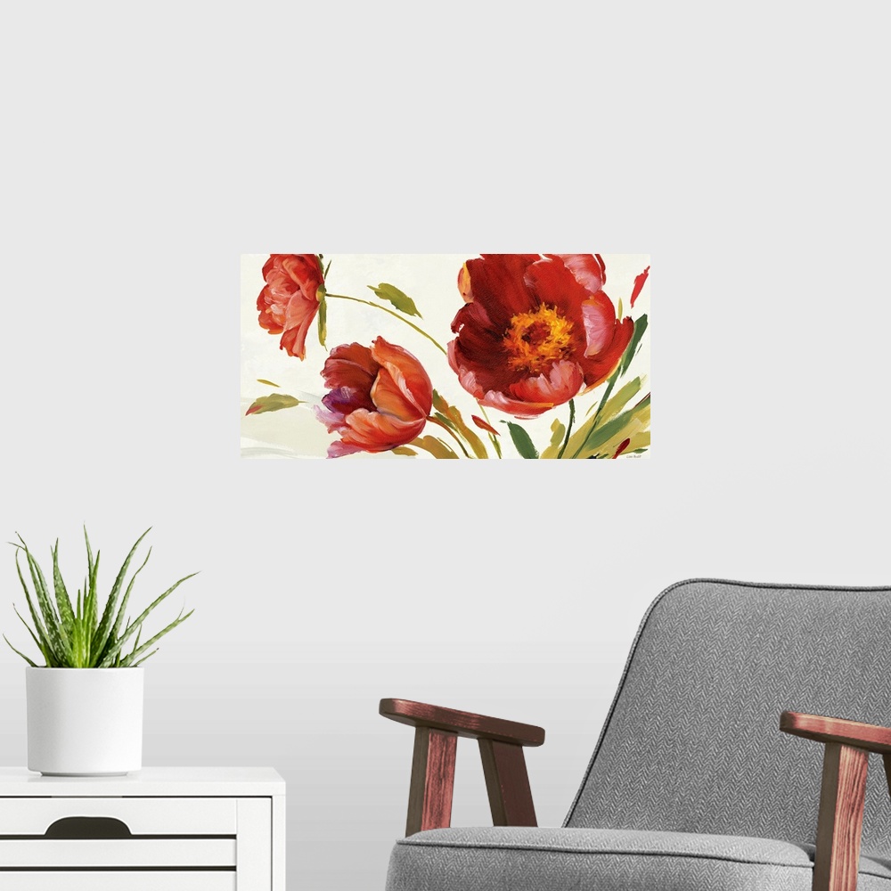 A modern room featuring Contemporary art piece of giant red poppy flowers blowing in the invisible wind.