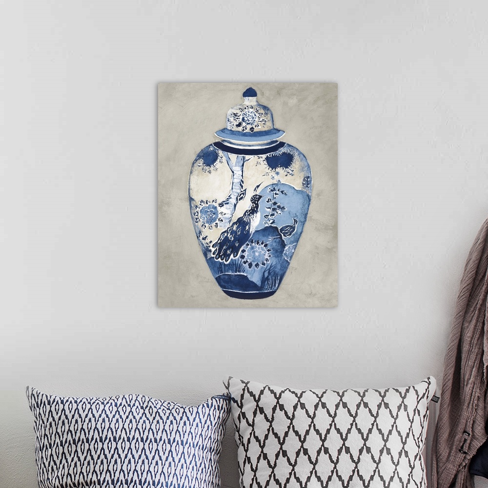 A bohemian room featuring Inari Urn II Blue and White