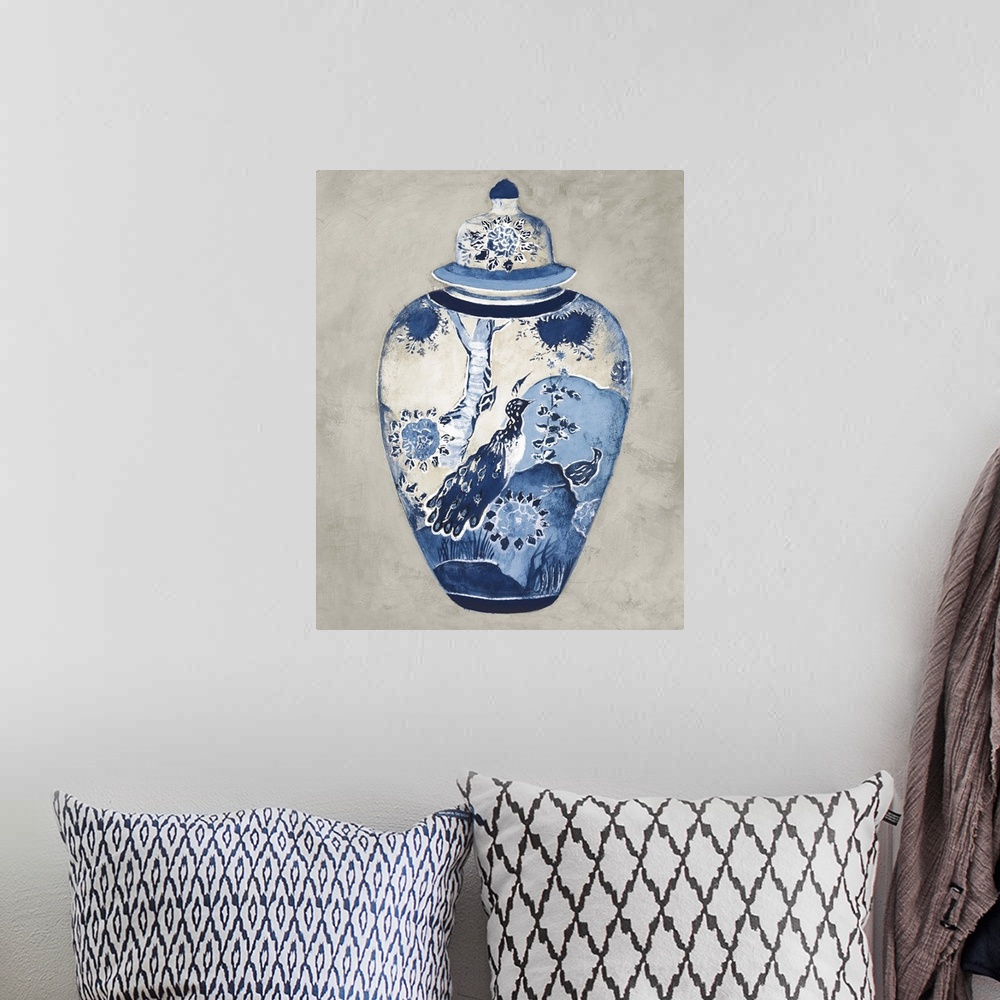 A bohemian room featuring Inari Urn II Blue and White