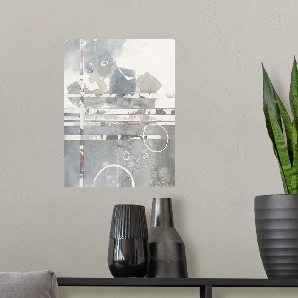 A modern room featuring Contemporary abstract watercolor painting with muted tones, white circles, and pasted on lines fo...