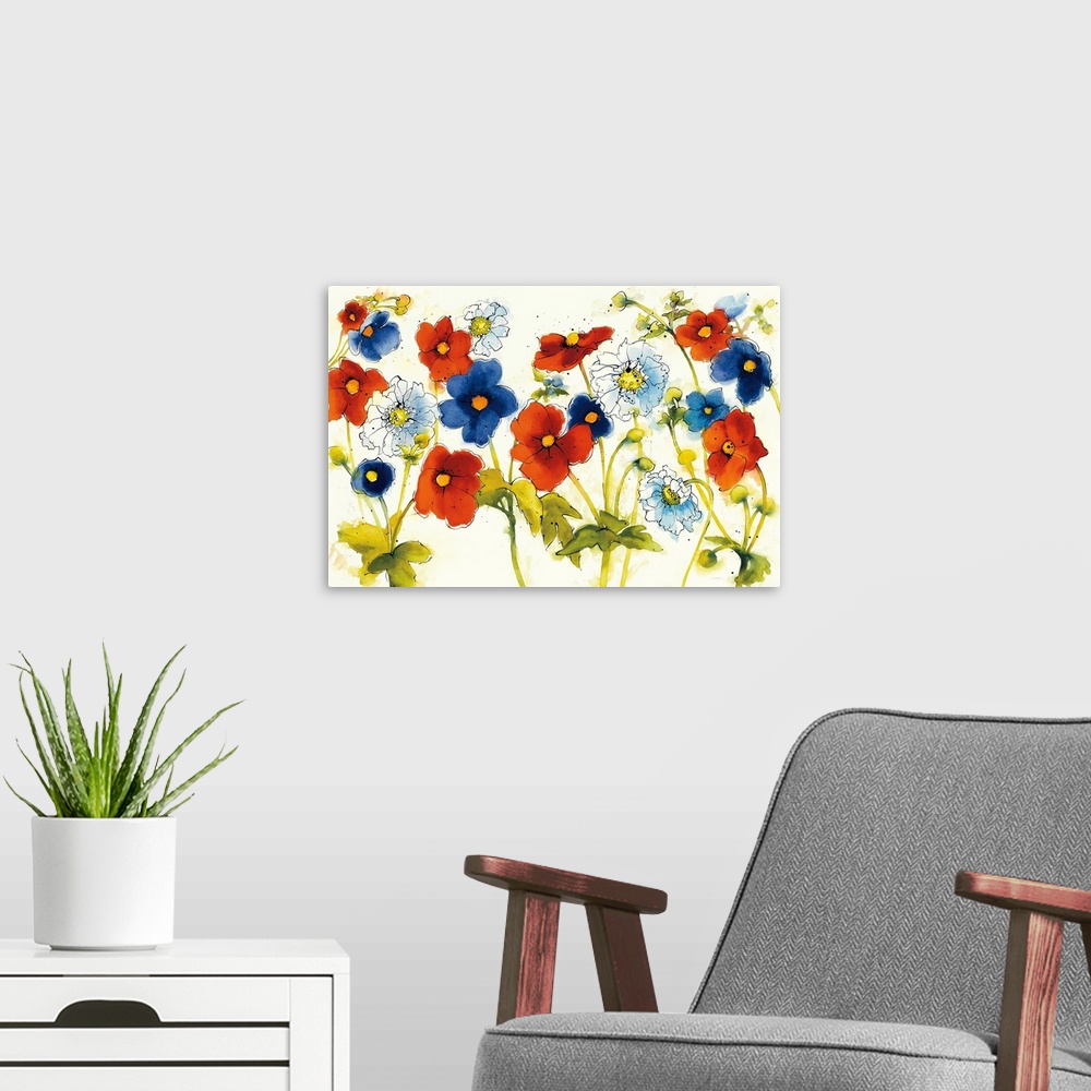 A modern room featuring Large watercolor painting with red-orange, blue, and white flowers on a white background with a l...