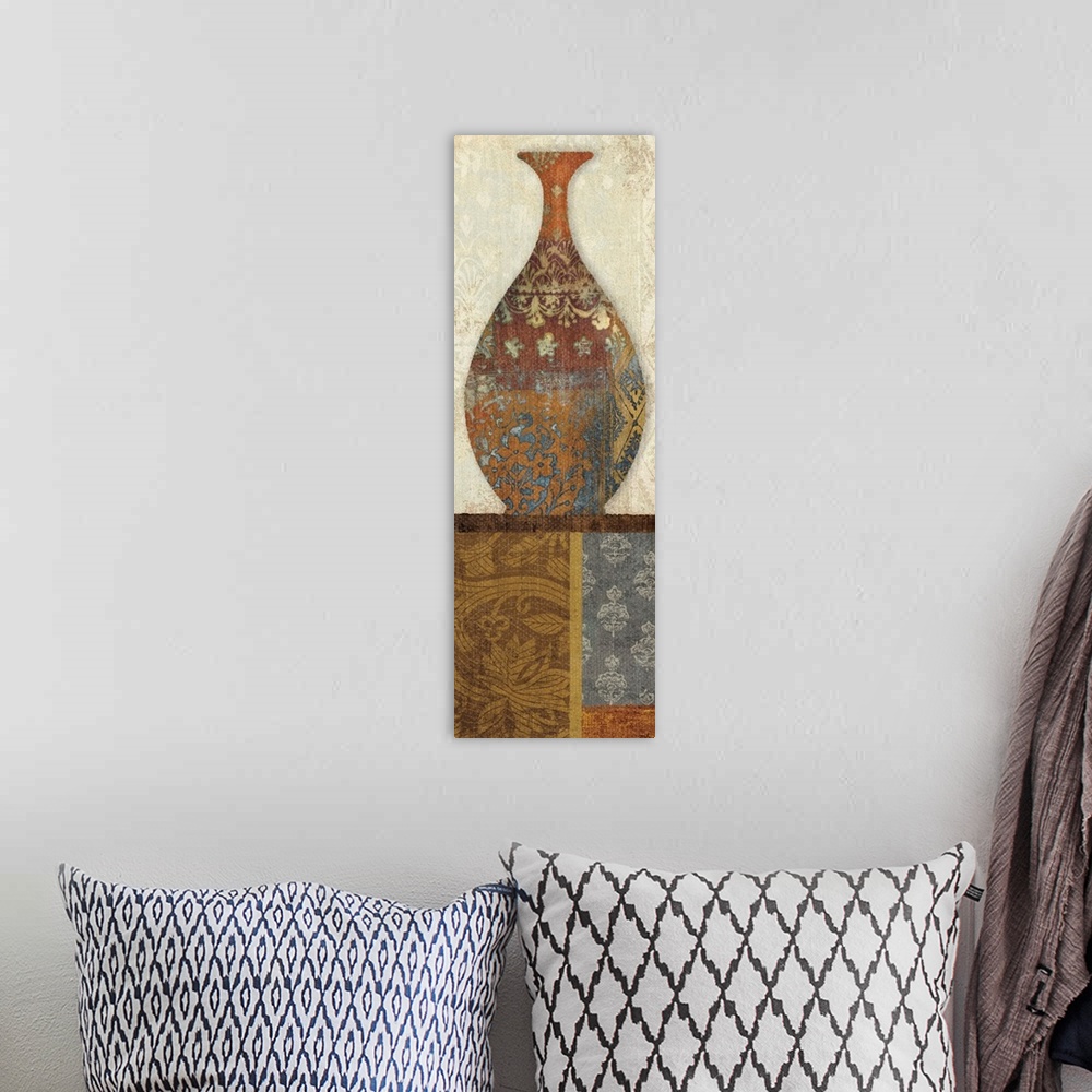 A bohemian room featuring Contemporary painting of a decorative vase in earth tones.