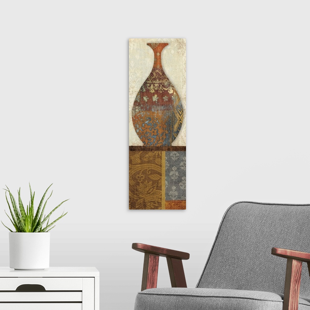 A modern room featuring Contemporary painting of a decorative vase in earth tones.