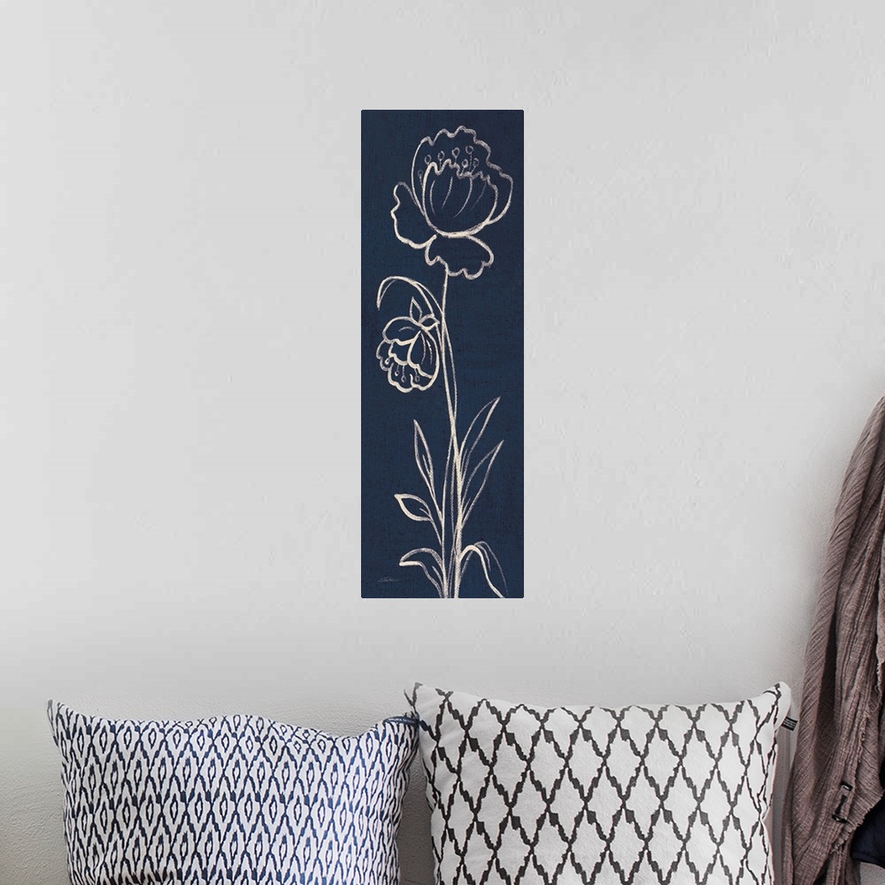 A bohemian room featuring Tall, rectangular painting that has white outlines of two flowers with long stems on an indigo ba...