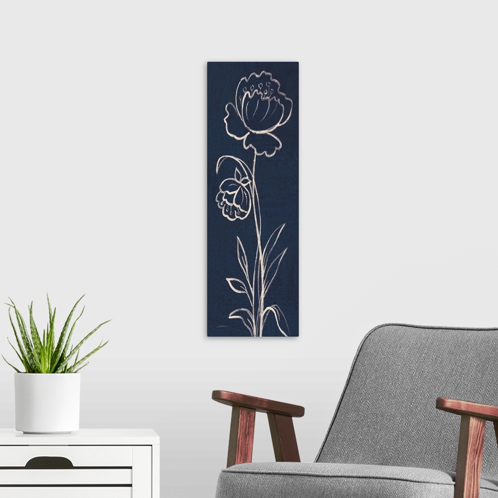 A modern room featuring Tall, rectangular painting that has white outlines of two flowers with long stems on an indigo ba...