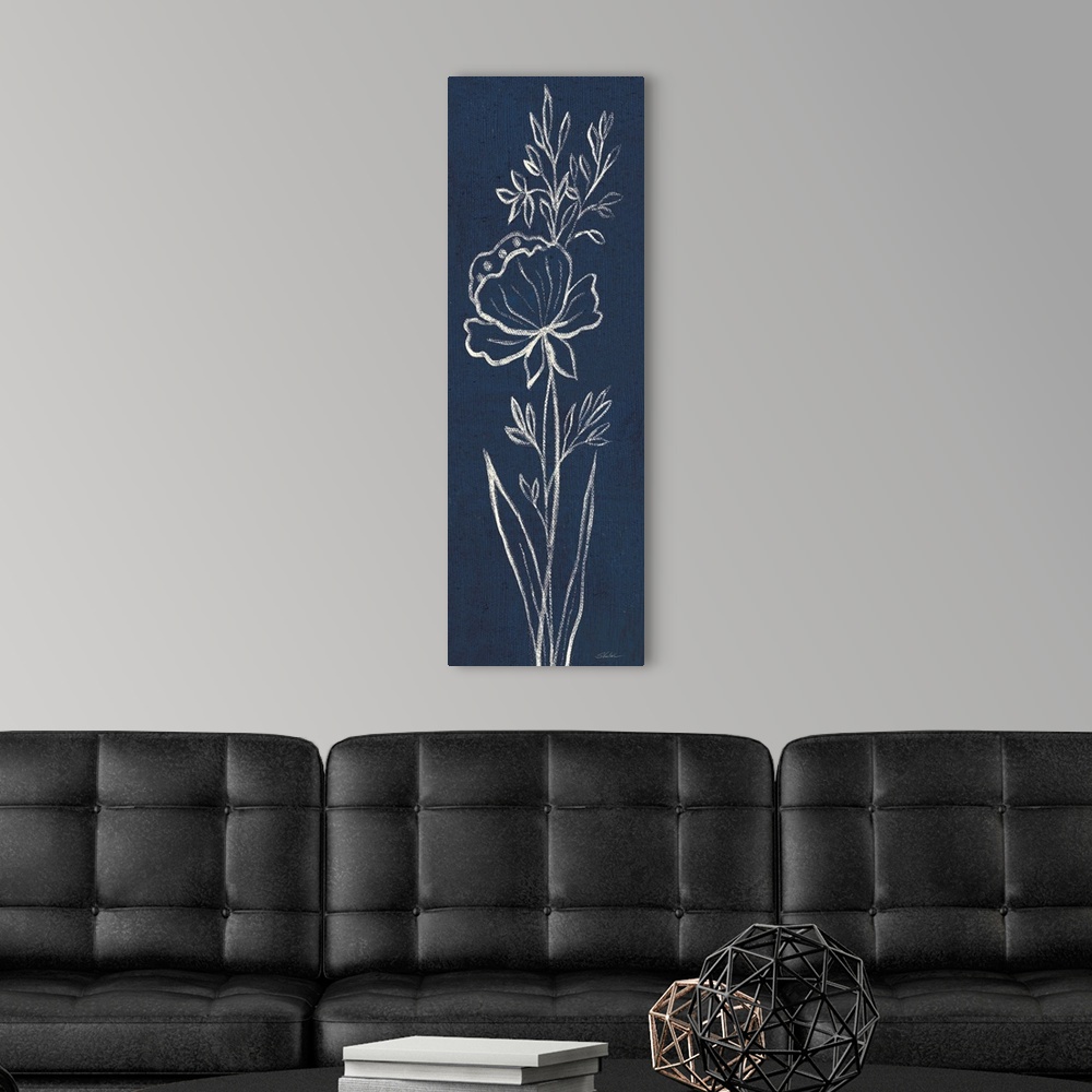 A modern room featuring Tall, rectangular painting that has white outlines of a flower and leaves with long stems on an i...