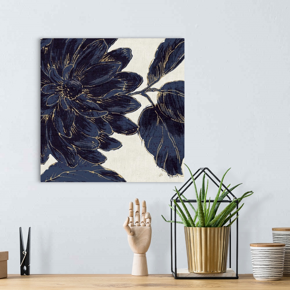 A bohemian room featuring Deep blue flowers against a beige background.