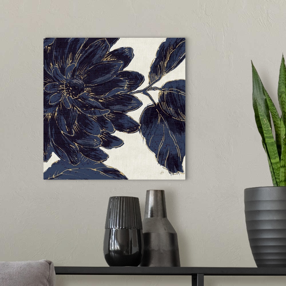 A modern room featuring Deep blue flowers against a beige background.