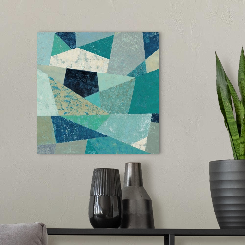 A modern room featuring Contemporary geometric artwork using cool green and blue colors with a retro mid-century vibe.