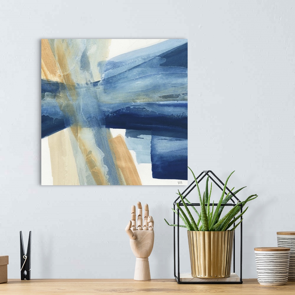 A bohemian room featuring Contemporary abstract painting using harsh blue and beige tones in directional lines, against a w...