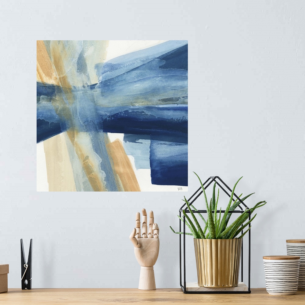 A bohemian room featuring Contemporary abstract painting using harsh blue and beige tones in directional lines, against a w...