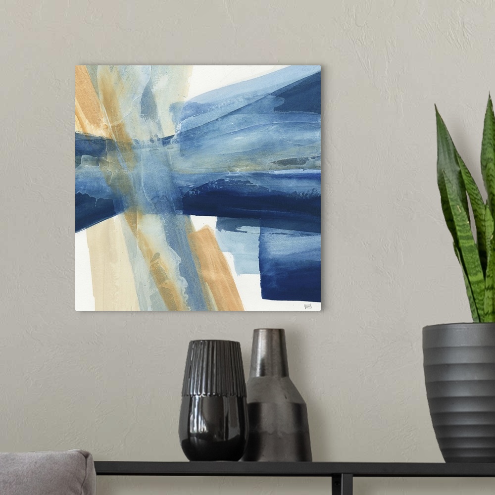 A modern room featuring Contemporary abstract painting using harsh blue and beige tones in directional lines, against a w...