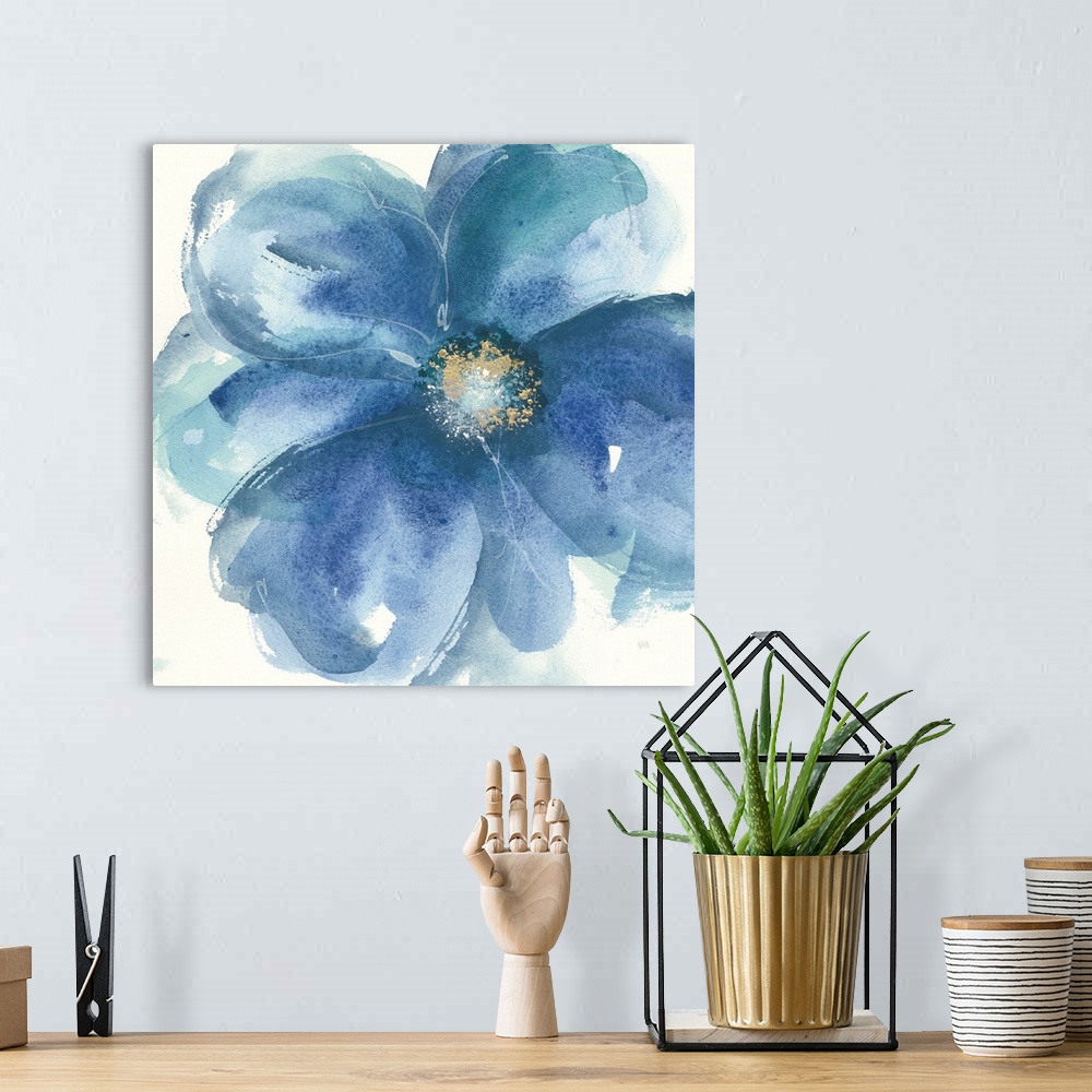 A bohemian room featuring Large square contemporary painting of blue flowers with accents of gold.