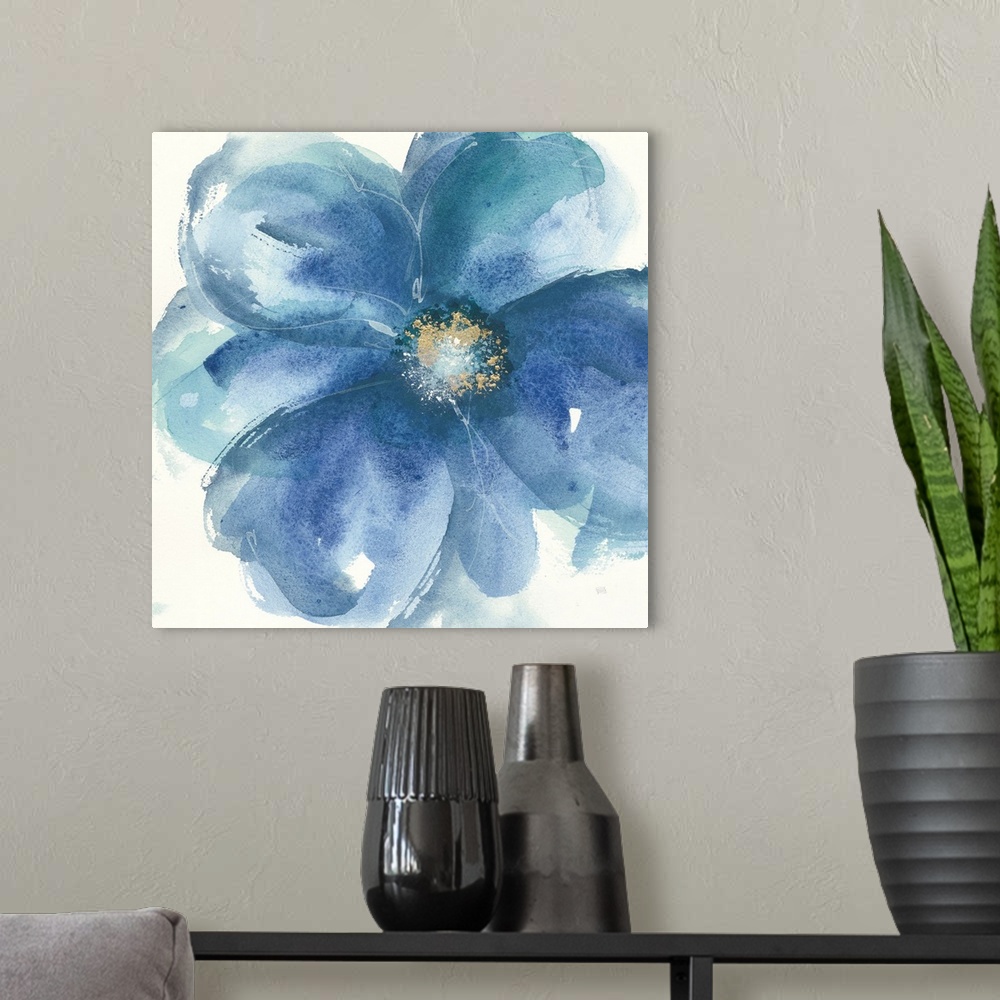 A modern room featuring Large square contemporary painting of blue flowers with accents of gold.