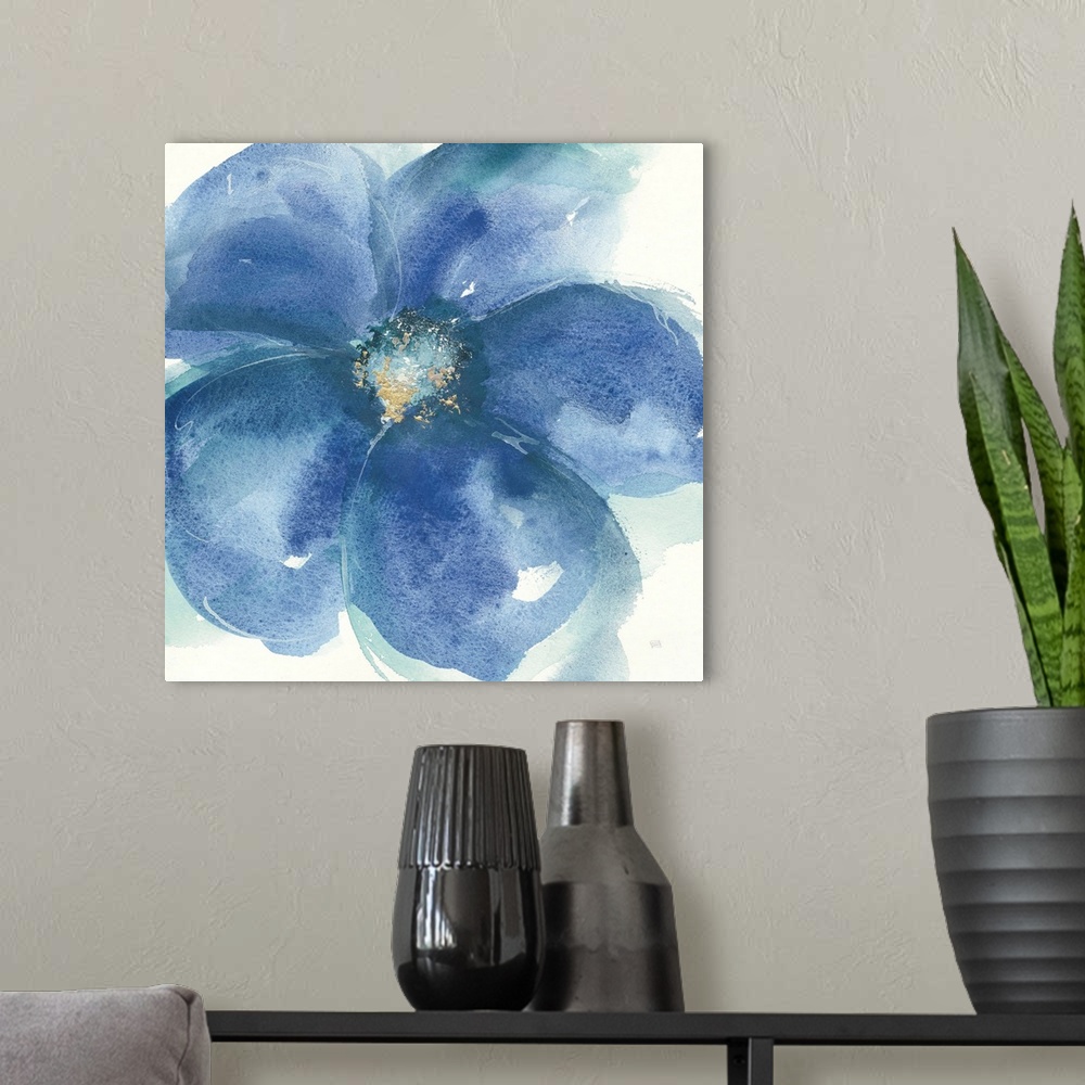 A modern room featuring Large square contemporary painting of blue flowers with accents of gold.