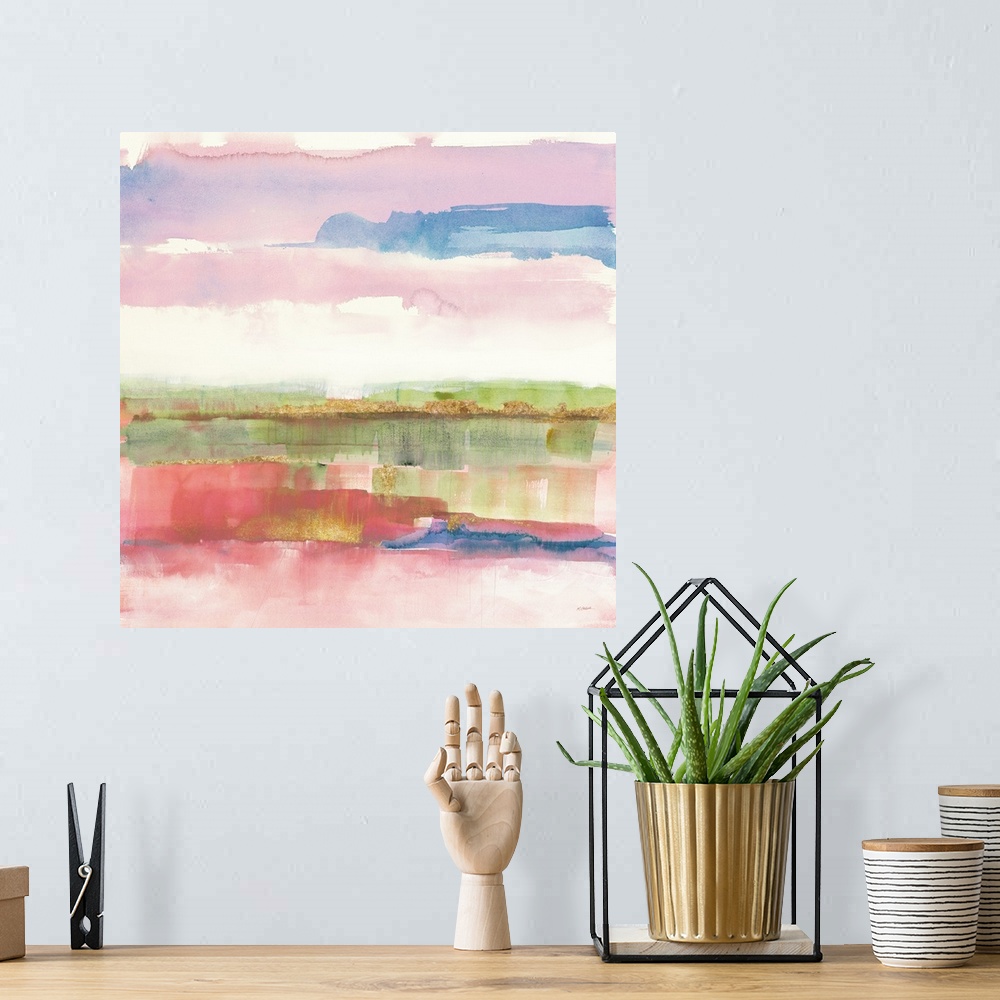 A bohemian room featuring Abstract watercolor painting with pink, purple, blue, green, and gold hues on a white square back...