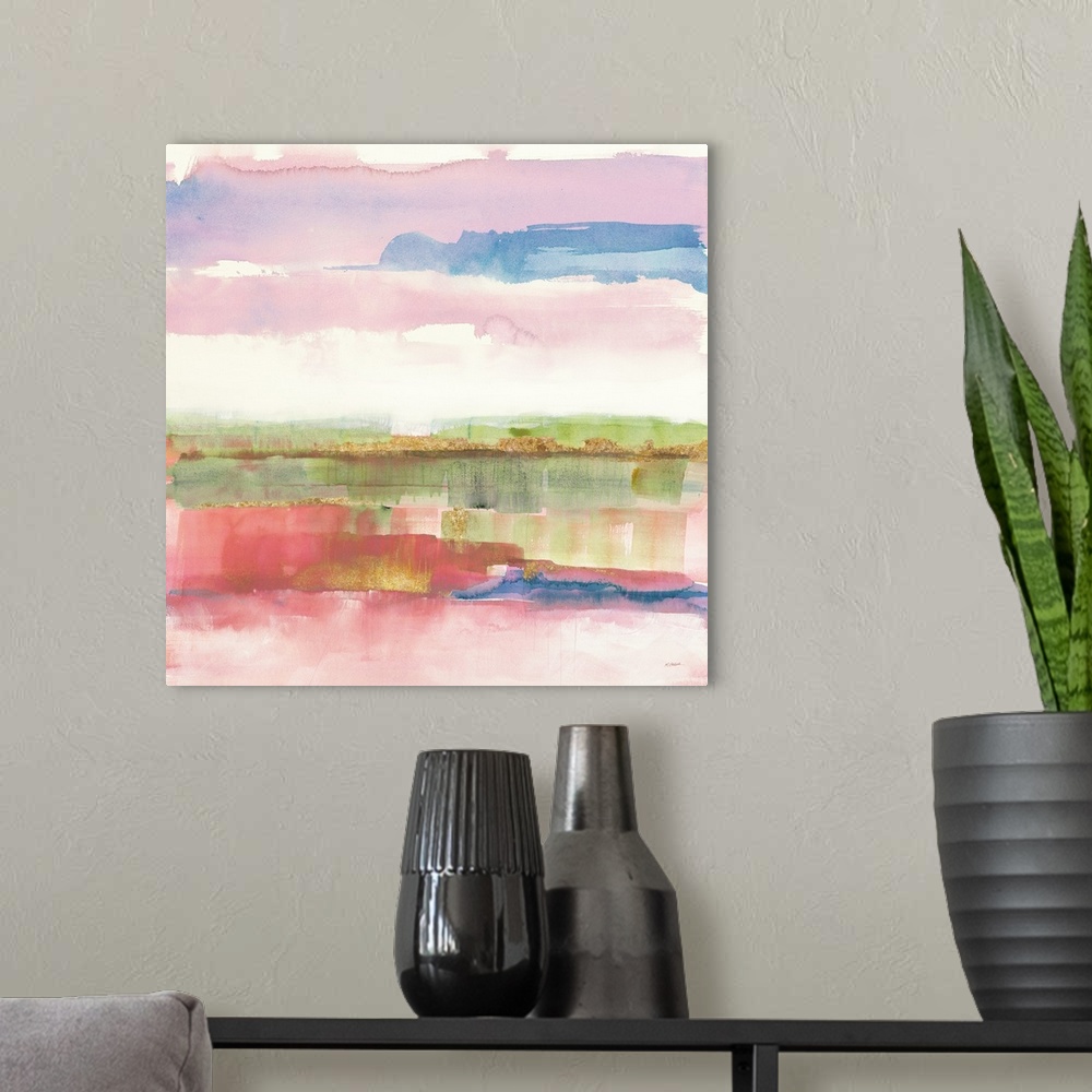A modern room featuring Abstract watercolor painting with pink, purple, blue, green, and gold hues on a white square back...