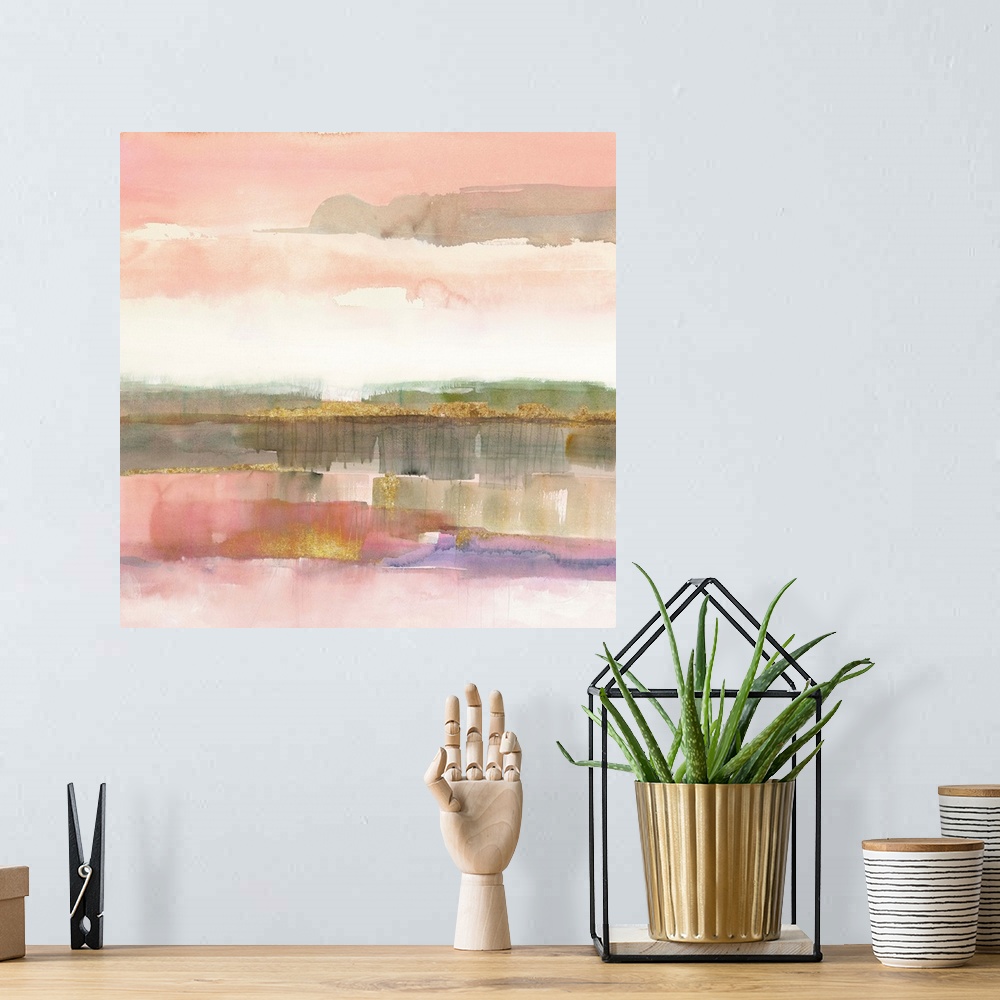 A bohemian room featuring Pastel watercolor abstract in pink and grey.