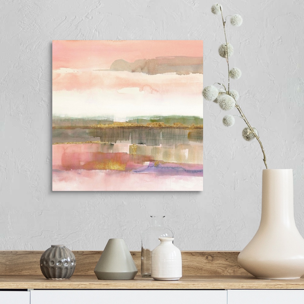 A farmhouse room featuring Pastel watercolor abstract in pink and grey.