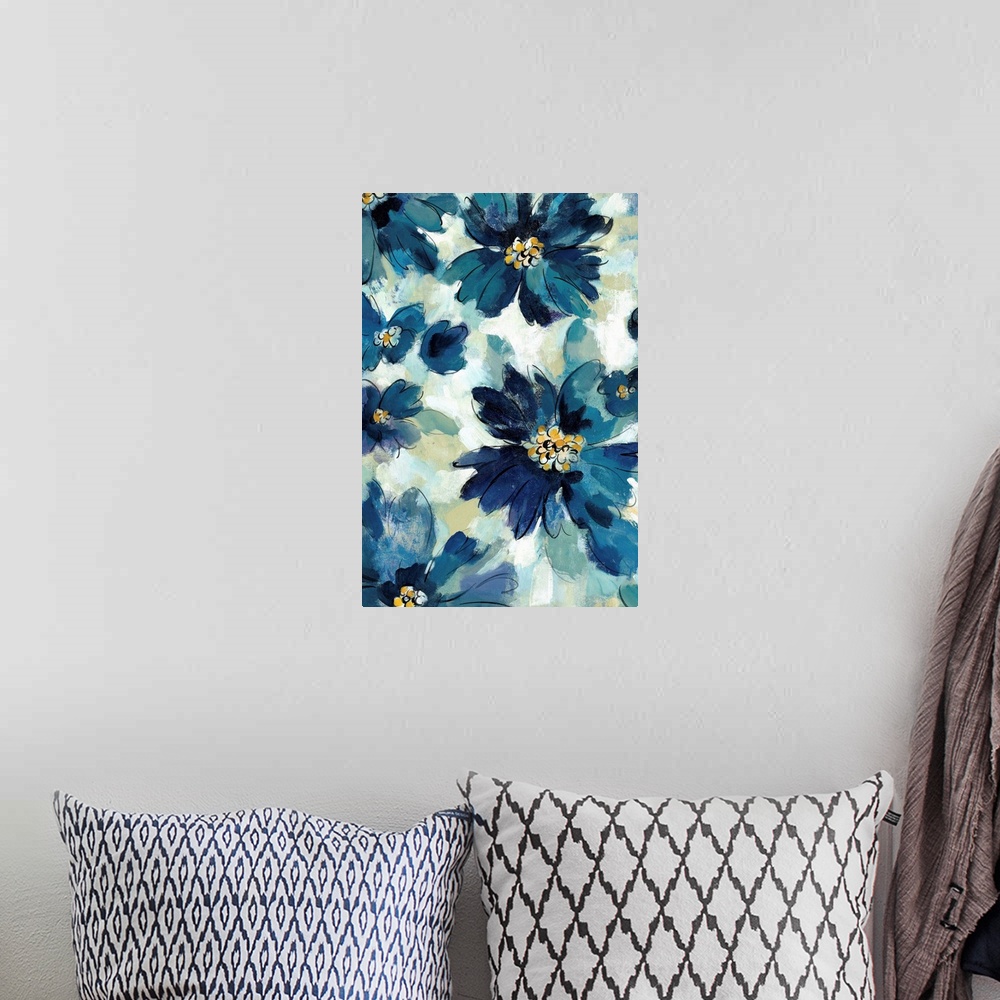 A bohemian room featuring Abstract painting of blue flowers with golden pistils on a beige, blue, and white background made...