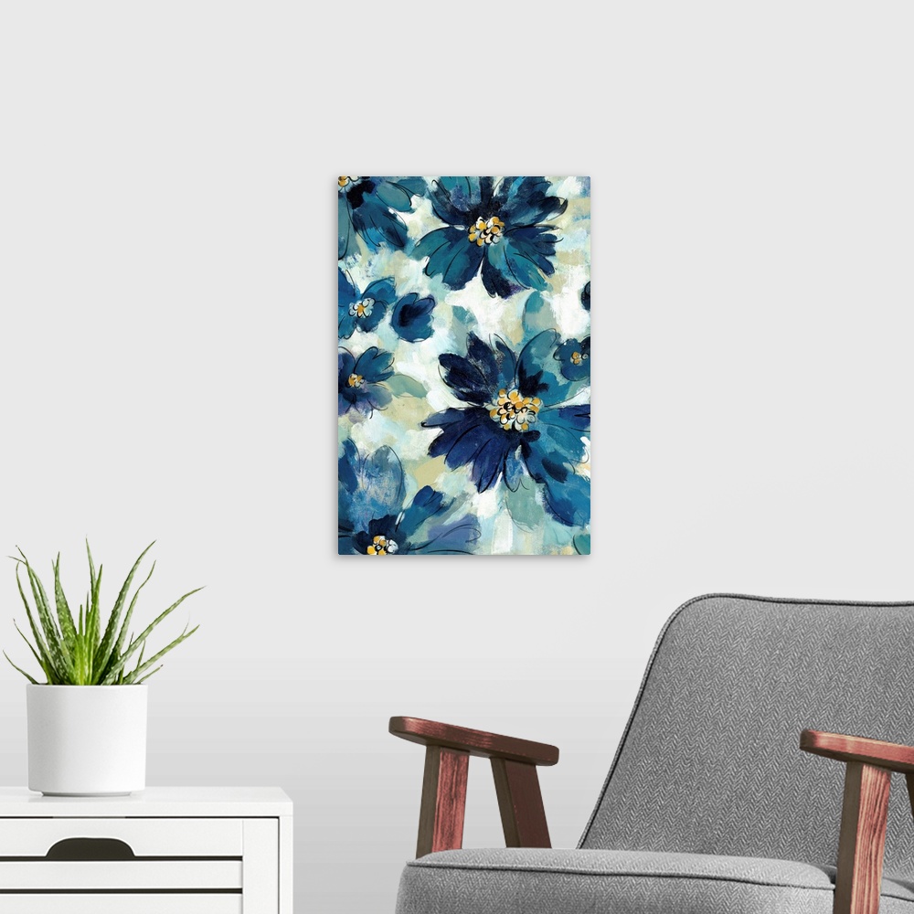 A modern room featuring Abstract painting of blue flowers with golden pistils on a beige, blue, and white background made...