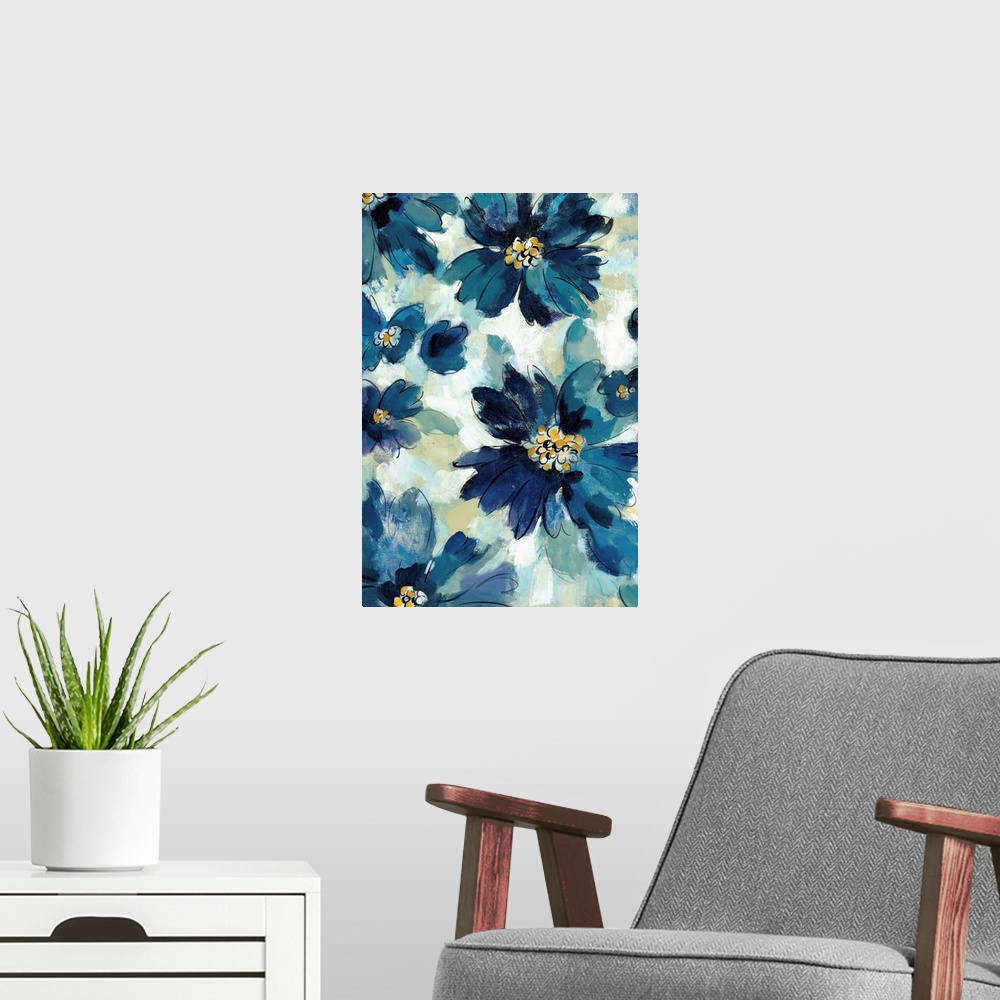 A modern room featuring Abstract painting of blue flowers with golden pistils on a beige, blue, and white background made...