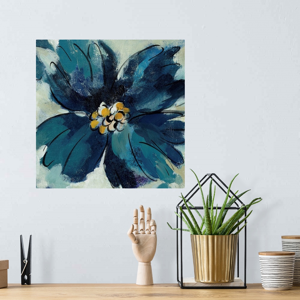 A bohemian room featuring Square painting of a single blue flower with a gold pistil.