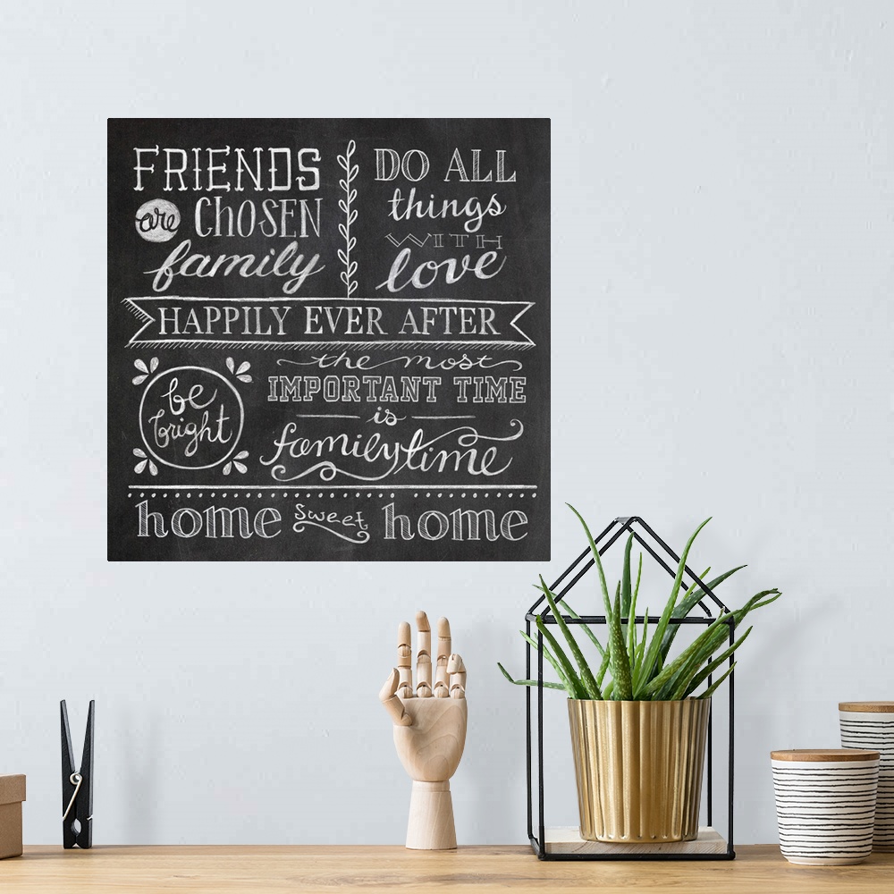 A bohemian room featuring Square chalkboard typography artwork of inspirational sentiments.