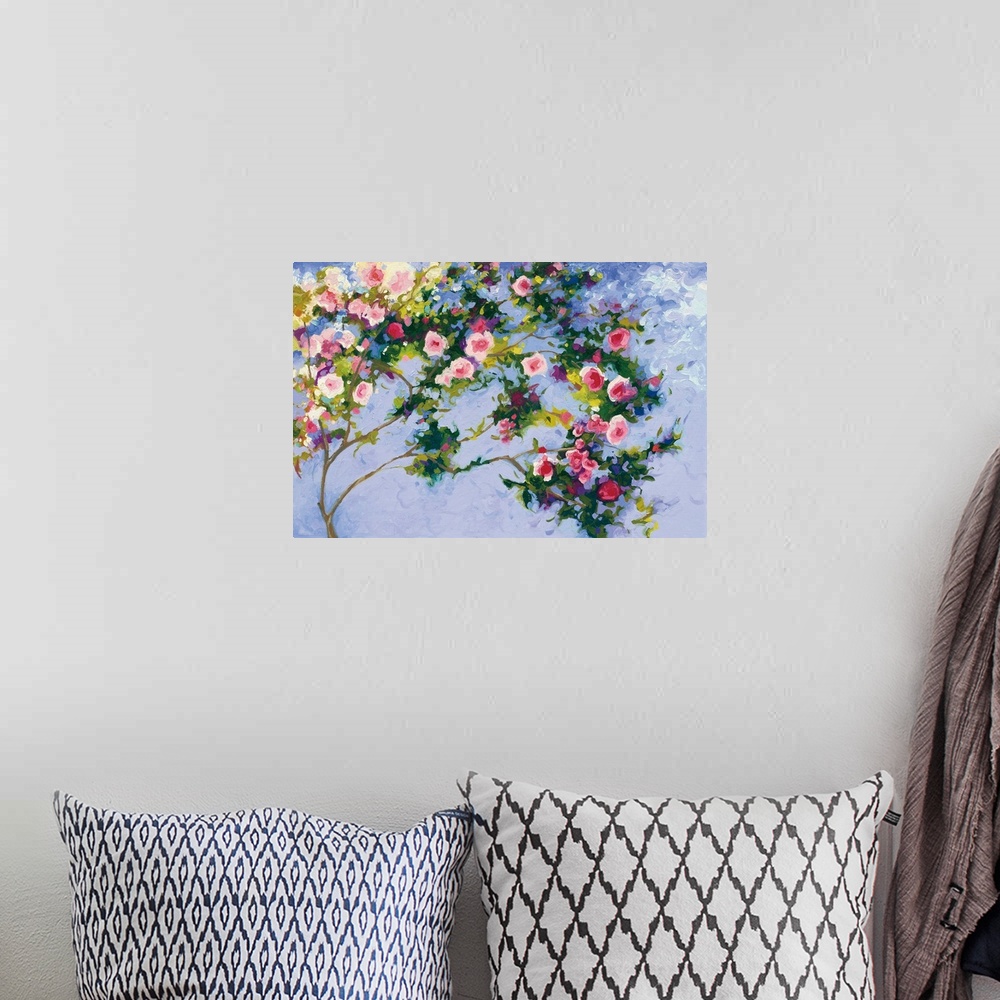A bohemian room featuring Contemporary painting of garden colorful flowers in against a blue background.
