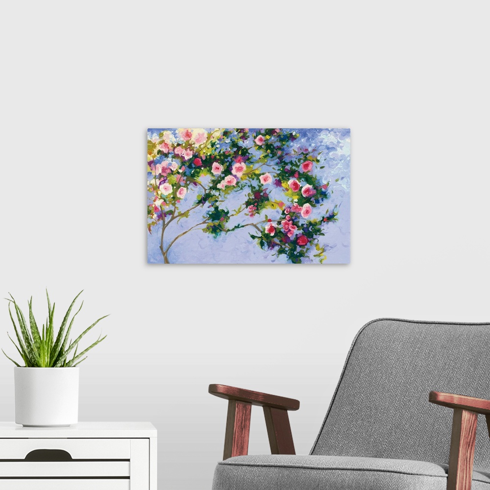A modern room featuring Contemporary painting of garden colorful flowers in against a blue background.