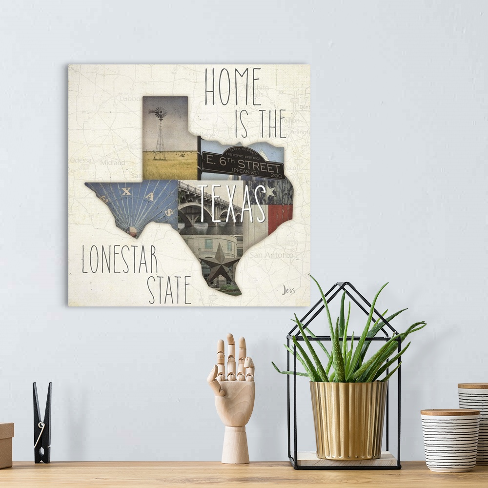 A bohemian room featuring Several scenes in Texas in the outline of the state with "Home is the Lonestar State."